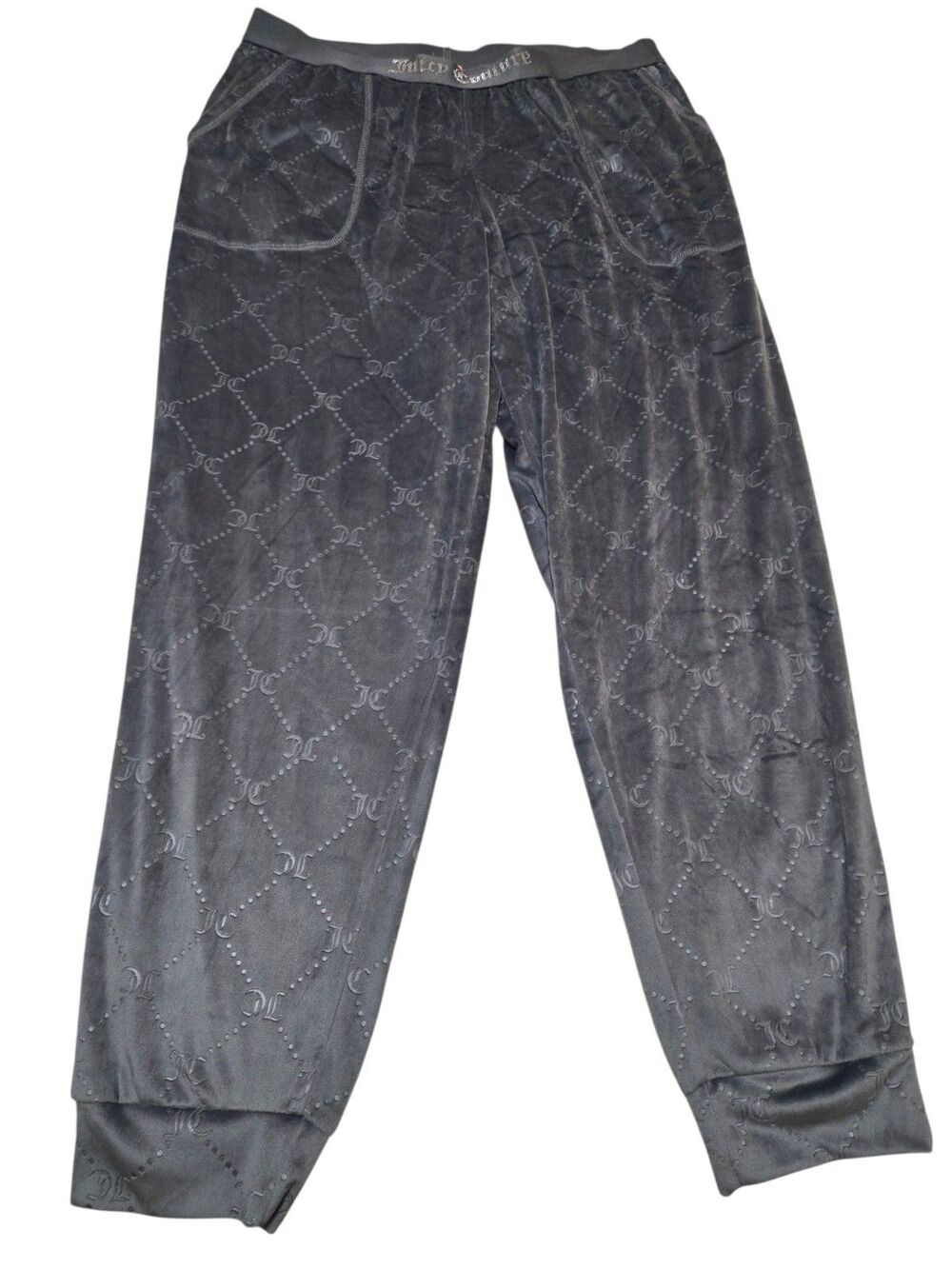 Juicy Couture Embossed Diamond Pattern Logo Velour Jogger PJ Pants L Gray G4.1